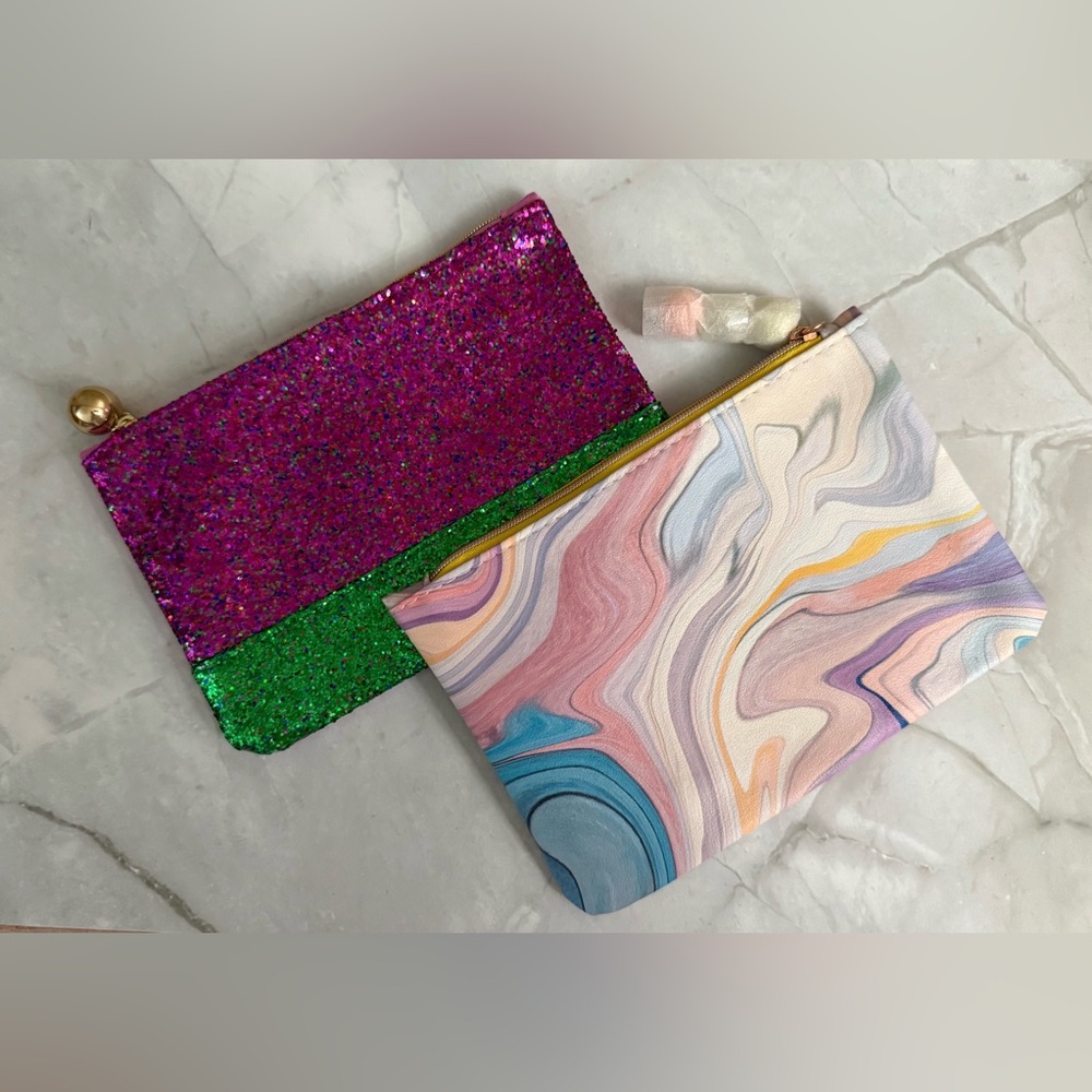 Ipsy Glam Makeup Bags Marble Glitter Purple Green Pink 7.5x5 Bags Only - 2 PACK